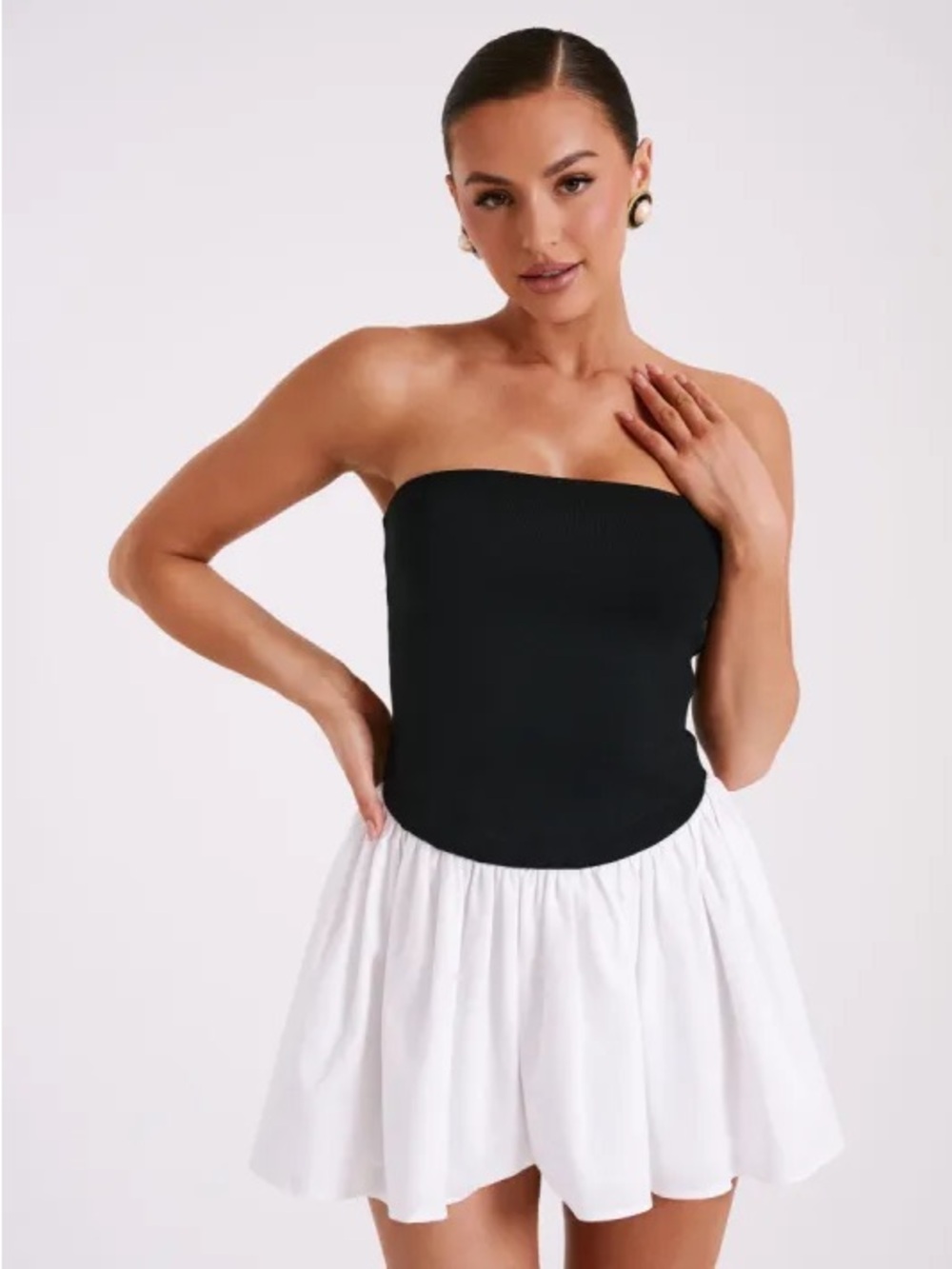MESHKI Hannah Knit & Linen Strapless Mini Dress Black White Size S NWT